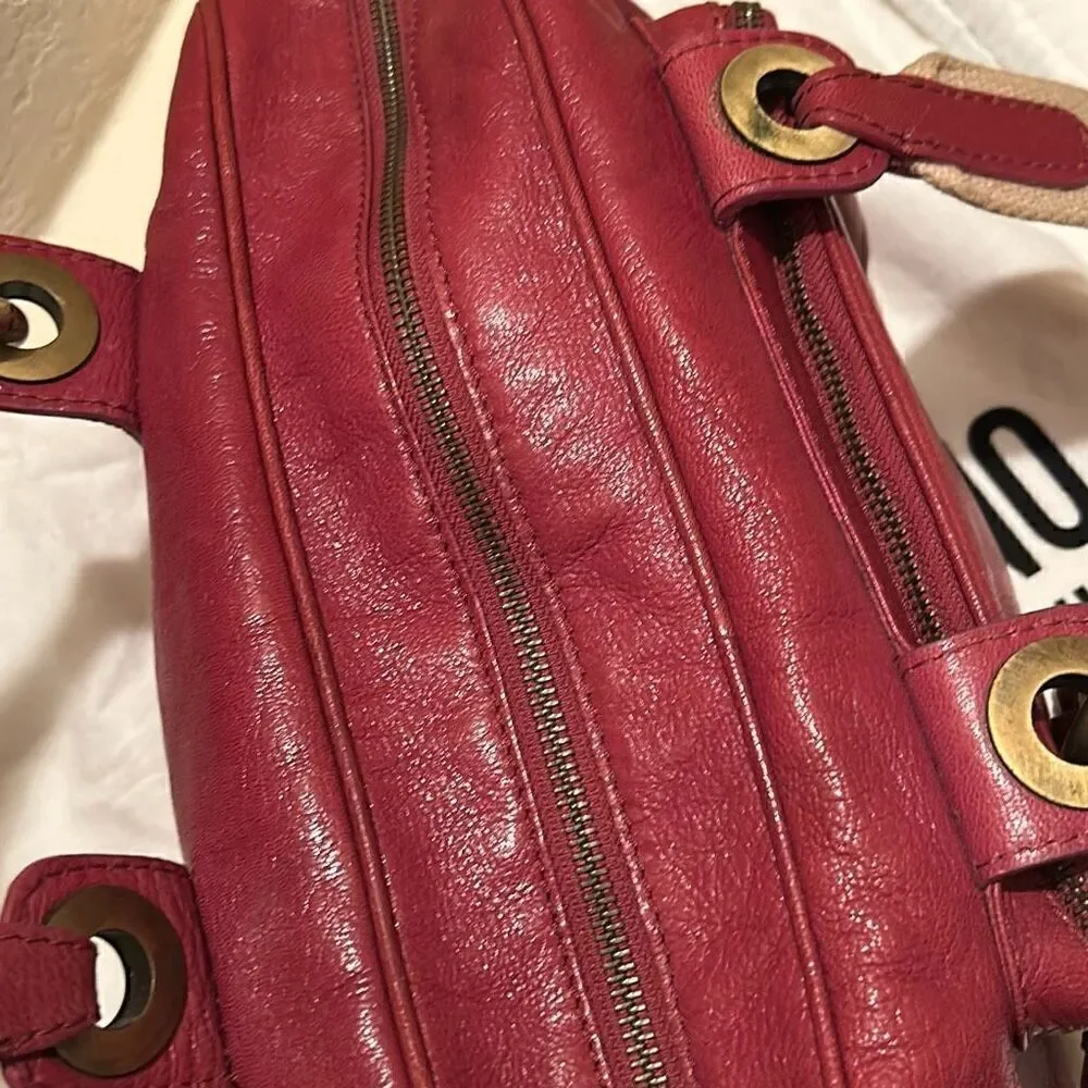 Moschino Top Handle Travel Tote Bag Deep Pinkish Red Leather Gold Hardware